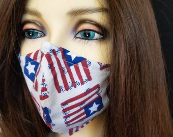 US Flags Patriotic Americana Filtered Face Mask Red Blue White Polypropylene ProtectionWaterproof Breathable Washable Contoured Fit Made USA