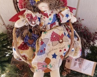 PRIMITIVE FOLKART CHRISTMAS Guardian Angel Art Doll "Bethany" Farmhouse Americana Holiday Decoration