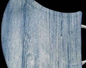 Denim Blue White-Washed Wood Filtered Face Mask w/Polypropylene 3rd Layer Waterproof Droplet Protection Reuseable Contour Fit Breathable US
