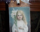 Primitive Ostern Engel translucent Swag Partei Garland Vintage Bilder auf Prim glitzerbedeckten Hang Tags auf Jahrgang Lametta OFG HAFAIR FAAP