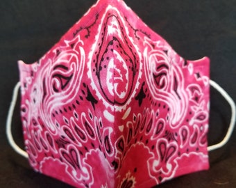 Hot Pink Paisley Bandana Filtered Face Mask w/Polypropylene Layer Waterproof for Protection Contoured Design Breathable Washable US