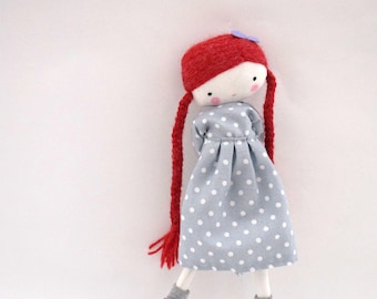 Handmade rag dol , Pipi modern toy nursery deco ooak cloth art rag doll polka dots dress,modern toy, kidsroom braids red hair made to order