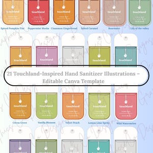 Puede incluir: Ilustración de 21 ilustraciones de desinfectantes de manos Touchland en varios colores. Cada botella rectangular tiene una tapa blanca y el logotipo "touchland". Los sabores incluyen Spiced Pumpkin-Tini, Peppermint Mocha, y otros. El texto dice "21 Touchland-Inspired Hand Sanitizer Illustrations".