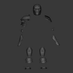 May include: A dark grey, disassembled full-body armour set. The set includes a helmet, shoulder pads, arm guards, chest and leg armour, and foot guards. The pieces are arranged as if they were on a human form.