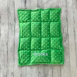 May include: A bright green rectangular sensory blanket featuring a textured dimpled minky fabric surface with a grid of sixteen stitched squares. The name Brooks is embroidered in white thread on the bottom right square of the blanket.