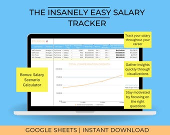 May include: A laptop screen displays a salary tracker with the text "THE INSANELY EASY SALARY TRACKER." The screen shows a table with salary data and a line graph illustrating compensation growth. Yellow sticky notes highlight features like salary tracking and scenario calculations.