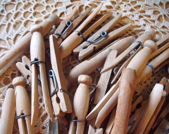 Lot of 30 Plus Vintage Wooden Clothespins Spring Clip Round Flat Head Wire Craft