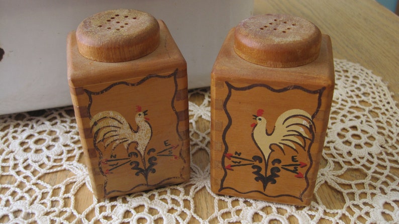 Kitschy Pair of Vintage Wooden Salt and Pepper Shakers with Roosters Redbird Line Japan