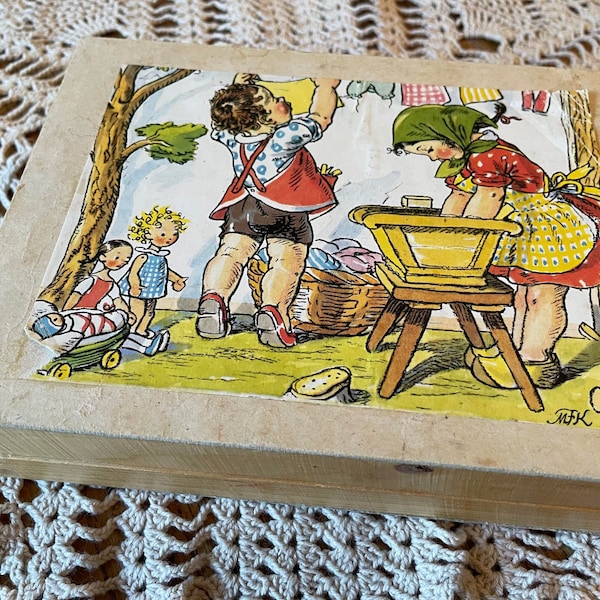 Very Sweet Set of 12 Vintage Wooden Picture Blocks Children Playing