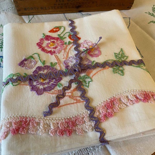 Sweet Pair of Vintage Embroidered Pillowcases with Bright Flowers and Pink Crocheted Edging
