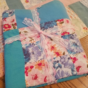 Charming Vintage Patchwork Doll Quilt Aqua and Pink Floral 31x26