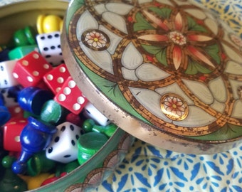 Fun Lot of 60 Plus Vintage Wooden Game Pieces and Dice in a Lovely Meister Tin
