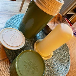 Four Piece Vintage Pint Sized Avocado Green THERMOS Vacuum Jar Model 7202
