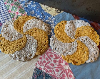 Two Sweet Handmade Hanging Crocheted Trivets in Yellow and Cream