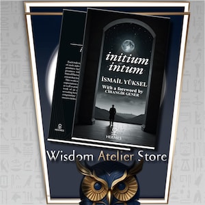 May include: A book cover with a dark blue background and a large, arched doorway. The doorway is open to a view of a mountain range and a crescent moon. The book title is "initium intum" and the author is "İSMAİL YÜKSEL". The text "With a foreword by CİHANGİR GENER" is also on the cover. The book is published by HERMES.