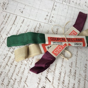 3 Skein Bundle of Vintage French Ribbon New Old Haberdashery Stock Gros Grain Emerald Green Pale Gold Burgundy Red image 2