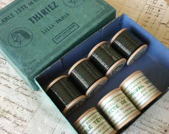 7 Reels Cotton Thread Vintage French New Old Stock Haberdashery Black White Cable Tete de Cheval Vert Lille Paris Cartier Bresson