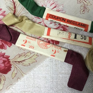 3 Skein Bundle of Vintage French Ribbon New Old Haberdashery Stock Gros Grain Emerald Green Pale Gold Burgundy Red image 7