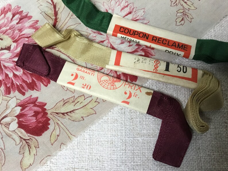 3 Skein Bundle of Vintage French Ribbon New Old Haberdashery Stock Gros Grain Emerald Green Pale Gold Burgundy Red image 7