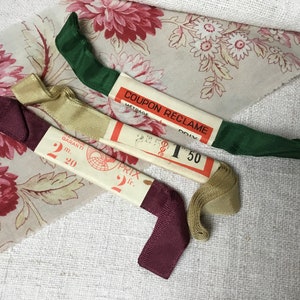 3 Skein Bundle of Vintage French Ribbon New Old Haberdashery Stock Gros Grain Emerald Green Pale Gold Burgundy Red image 6