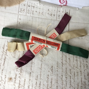 3 Skein Bundle of Vintage French Ribbon New Old Haberdashery Stock Gros Grain Emerald Green Pale Gold Burgundy Red image 1
