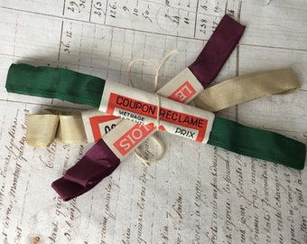 3 Skein Bundle of Vintage French Ribbon New Old Haberdashery Stock Gros Grain Emerald Green Pale Gold Burgundy Red