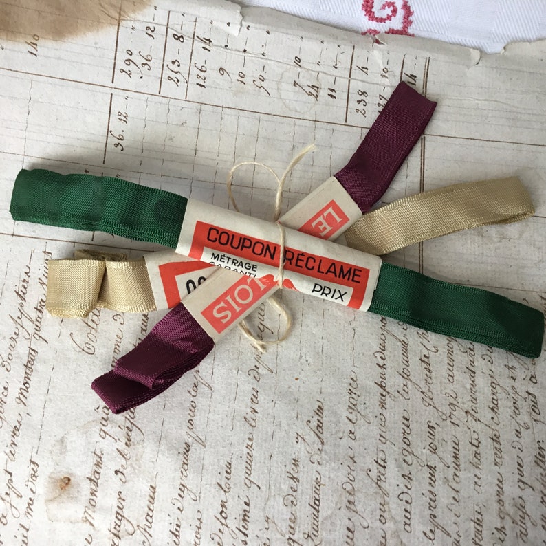 3 Skein Bundle of Vintage French Ribbon New Old Haberdashery Stock Gros Grain Emerald Green Pale Gold Burgundy Red image 1