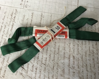 3 Skein Bundle of Vintage French Ribbon New Old Haberdashery Stock Gros Grain Emerald Green Sewing Projects Dressmaking Dolls