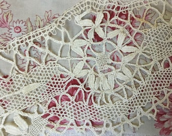 3m50cm Antique French Deep Handmade Linen Lace Trimming Border Floral Rosettes Scallop Edge Sewing Craft