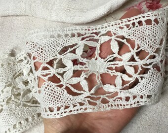 3m30 Antique French Lace Deep Handmade Border Trimming Unused Floral Rosettes 1910s