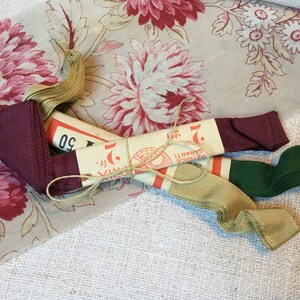 3 Skein Bundle of Vintage French Ribbon New Old Haberdashery Stock Gros Grain Emerald Green Pale Gold Burgundy Red image 3
