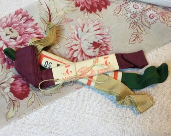 3 Skein Bundle of Vintage French Ribbon New Old Haberdashery Stock Gros Grain Emerald Green Pale Gold Burgundy Red