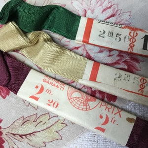 3 Skein Bundle of Vintage French Ribbon New Old Haberdashery Stock Gros Grain Emerald Green Pale Gold Burgundy Red image 9