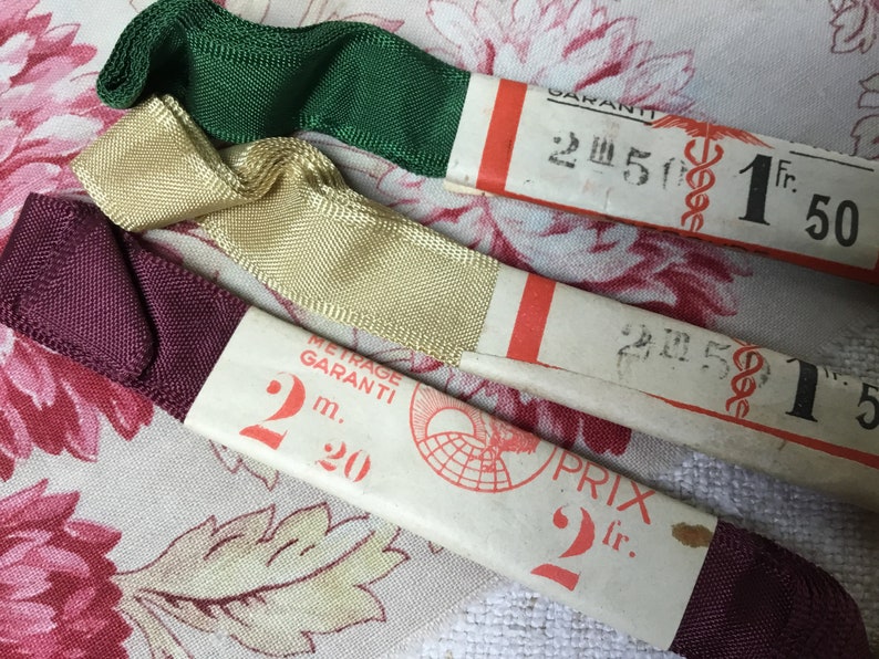 3 Skein Bundle of Vintage French Ribbon New Old Haberdashery Stock Gros Grain Emerald Green Pale Gold Burgundy Red image 9
