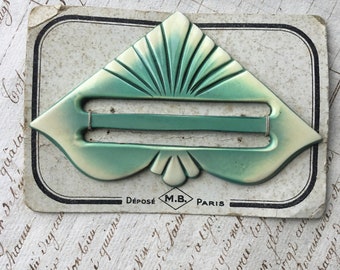 Large 4” Vintage French Celluloid Buckle 1930s Green & Cream Art Deco