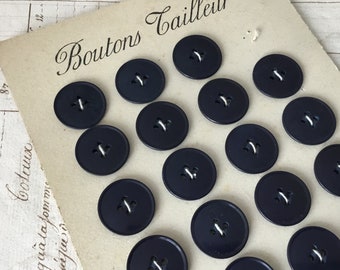 Vintage French Black Buttons 12/16” Diameter Unused Original Card 1930s