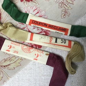 3 Skein Bundle of Vintage French Ribbon New Old Haberdashery Stock Gros Grain Emerald Green Pale Gold Burgundy Red image 8