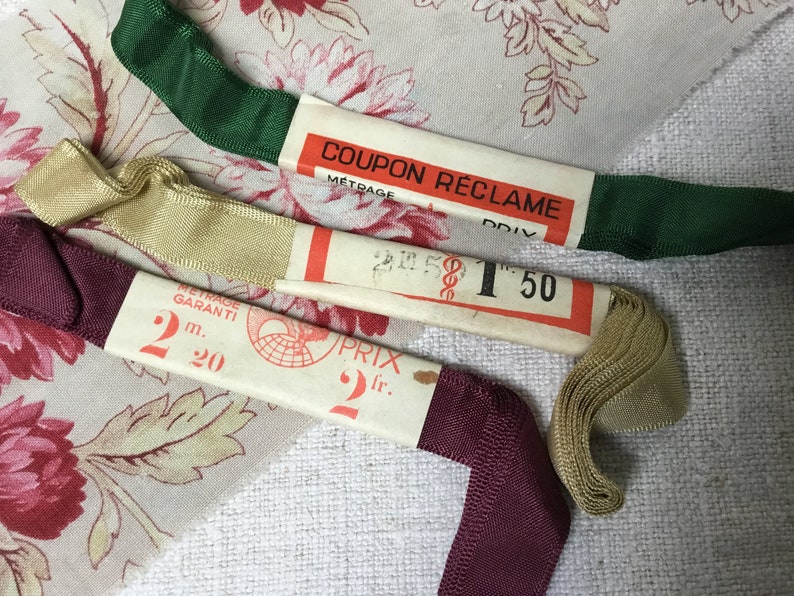 3 Skein Bundle of Vintage French Ribbon New Old Haberdashery Stock Gros Grain Emerald Green Pale Gold Burgundy Red image 8