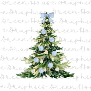 May include: Watercolor illustration of a Christmas tree decorated with light blue ornaments and a matching bow at the top. The tree is a vibrant green with white lights and ornaments.