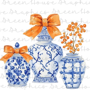 Può includere: Illustrazione ad acquerello di tre vasi in ceramica blu e bianca con fiocchi arancioni. I vasi presentano diversi motivi, tra cui floreali e a griglia. Un vaso contiene bacche arancioni.