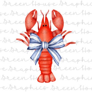 Preppy Grandmillenial Nautical Coastal Lobster with Bow PNG Instant Digital Download Printable Home Decor Print on Demand Baby Boy Clip Art