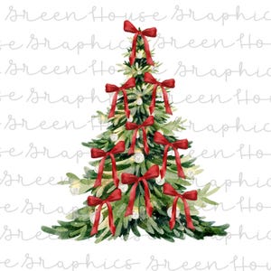 Puede incluir: Ilustración en acuarela de un árbol de Navidad decorado con lazos rojos y adornos blancos. El árbol es de un color verde vibrante, con los lazos que añaden un toque de rojo festivo. El diseño es un tema navideño clásico.