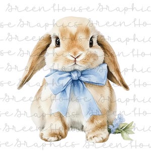 Puede incluir: Una ilustración de acuarela de un conejo marrón con un lazo azul. El conejo está sentado sobre un fondo blanco.
