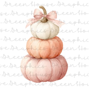 May include: Watercolor illustration of three stacked pumpkins in shades of white, peach, and pink. The top pumpkin has a brown stem and a pink bow. The pumpkins are arranged vertically, creating a fall-themed design.