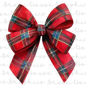 May include: A watercolor illustration of a large, red plaid bow. The bow features a classic tartan pattern with green, blue, and gold accents. The bow is a festive decoration, perfect for holiday or gift wrapping.