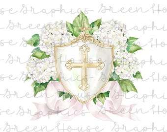 Cross Crests with Hydrangeas Digital Crest Designs Baby Christening Announcement First Communion Baptism Invitation Baby Boy Baby Girl Cross