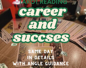Può includere: Carte dei tarocchi disposte su un tavolo di legno con denaro sparso intorno. Il testo "TAROT READING career and succses SAME DAY IN DETAILS WITH ANGLE GUIDANCE" è visualizzato sull'immagine.