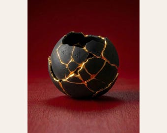Minimalist Kintsugi Sphere Wall Art | Japandi Decor | Black Red White Abstract | Modern Neutral Interior | 2:3 Ratio Printable