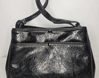 Bolso de mano vintage de los años 70, de cuero negro, hecho a mano, bolso de hombro
