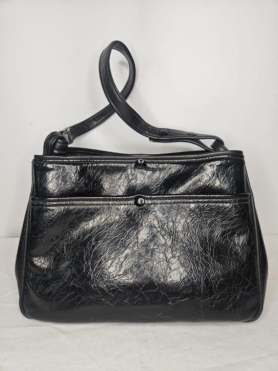 Vintage 70s Handmade Black Leather Tote Handbag Purse Shoulder Bag